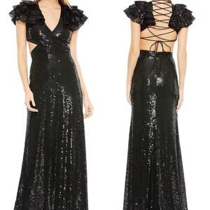 Mac Duggal 10829 | Flutter Sleeve Cutout Sequin Gown | Black | Tie Back | Size 0